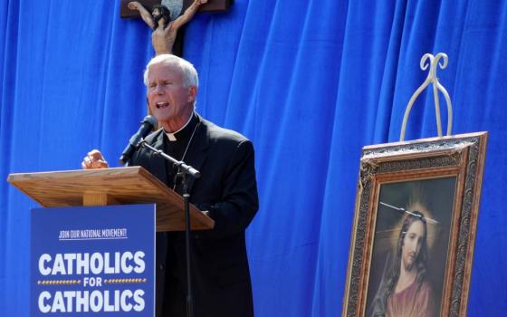 Former Tyler, Texas, Bishop Joseph Strickland speaks at a rally in Los Angeles June 16 to protest the LA Dodgers honoring the "Sisters of Perpetual Indulgence" drag group during the team's LGBTQ Pride Night at Dodger Stadium.