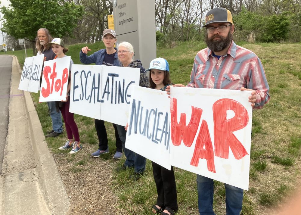 About 50 people protested April 15 outside the Kansas City National Security Campus, a plant run by Honeywell, calling for an end to nuclear weapons and criticizing a proposed expansion of the facility.