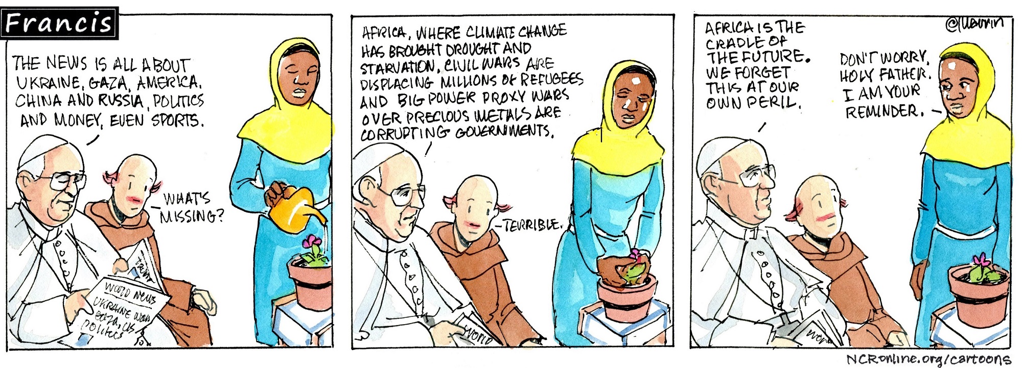 Francis, the comic strip: Gabby reminds Francis and Brother Leo of the suffering in Africa.
