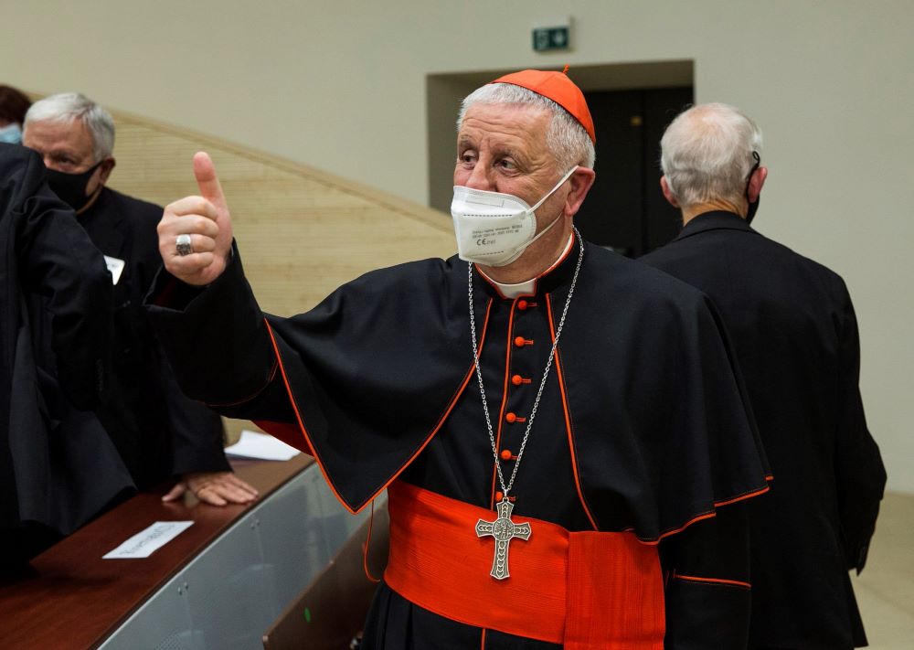 Cardinal Giuseppe Versaldi, prefect of the Congregation for Catholic Education, gives a thumbs up during the Oct. 14 inauguration of the Institute of Anthropology: Interdisciplinary Studies on Human Dignity and Care at the Pontifical Gregorian University.
