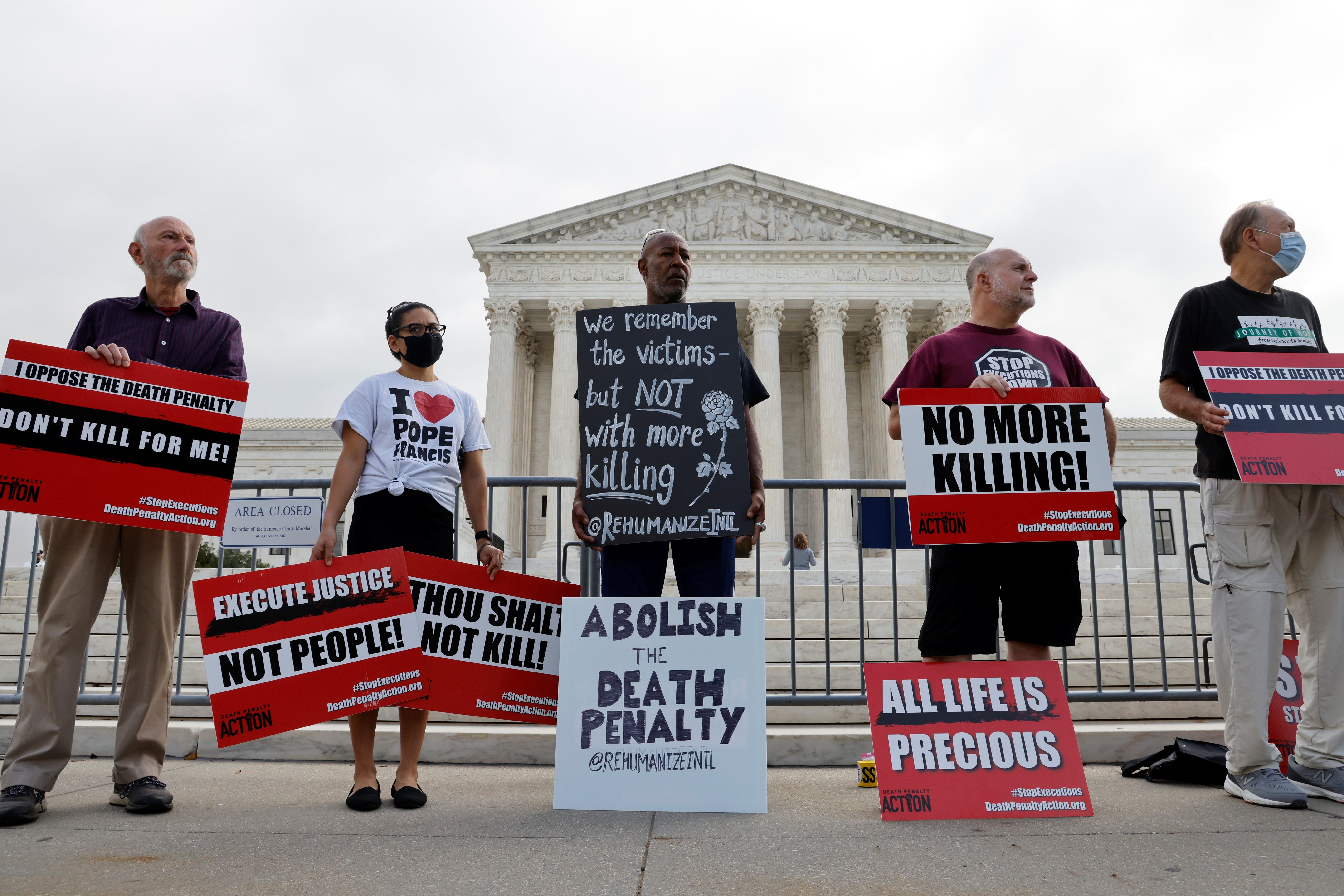 Demonstrators in Washington rally against the death penalty outside the U.S. Supreme Court building Oct. 13, 2021. (CNS photo/Jonathan Ernst, Reuters)