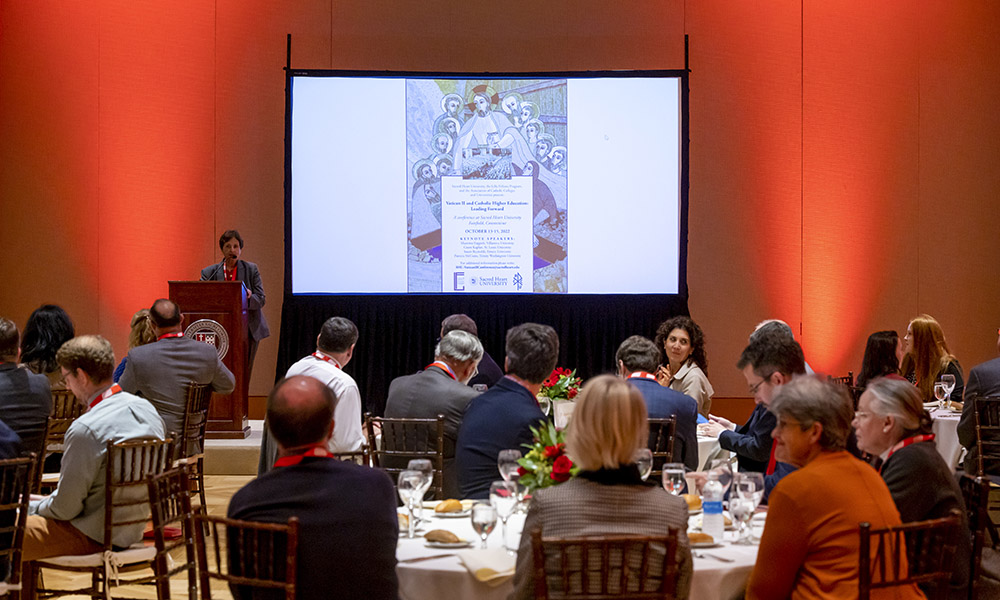 Professor Michelle Loris speaks during Sacred Heart University's conference on Vatican II and Catholic higher education conference Oct. 13. (Sacred Heart University/Chris Zajac)