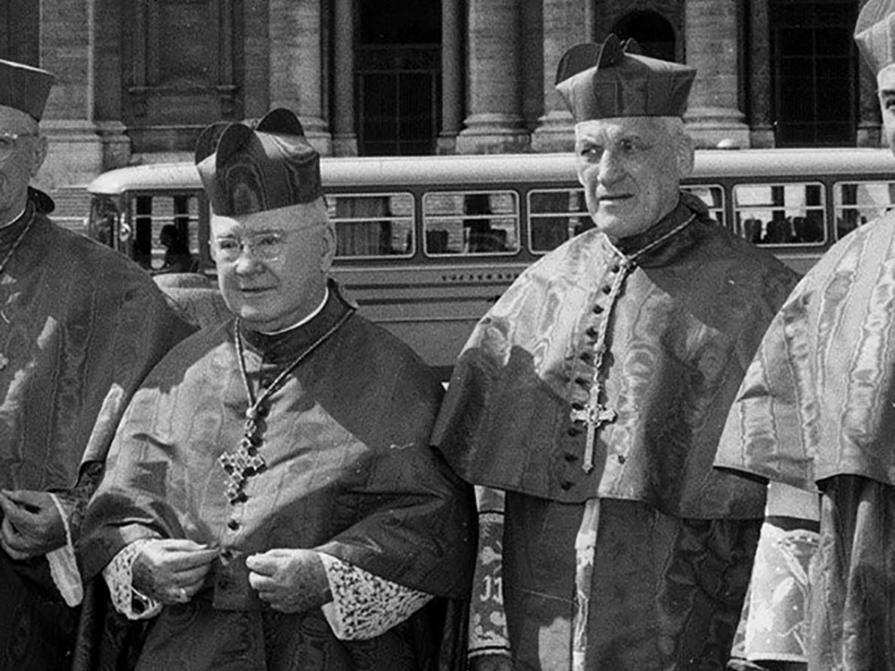 New York Cardinal Francis Spellman, left, and Boston Cardinal Richard Cushing in St. Peter's Square following a meeting of the second session of the Second Vatican Council in 1963 (CNS file photo)