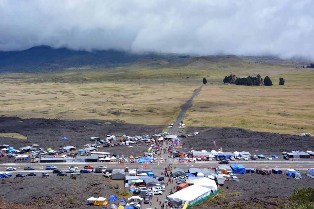 Activists camp near an access road to Mauna Kea in Hawaii in 2019. (RNS/Jack Jenkins)