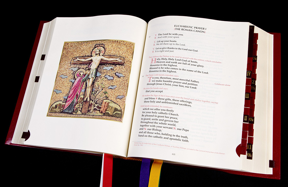 The first eucharistic prayer is seen on a page from a copy of the Roman Missal in English published by the U.S. Conference of Catholic Bishops. (CNS/Nancy Wiechec)
