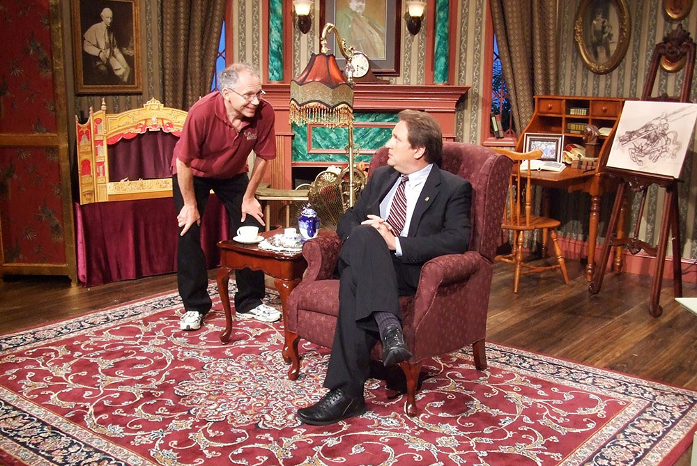 Kevin O'Brien, left, with Dale Ahlquist on the set of Ahlquist's EWTN series, "G.K. Chesterton: The Apostle of Common Sense," in 2008 (Courtesy of Kevin O'Brien)