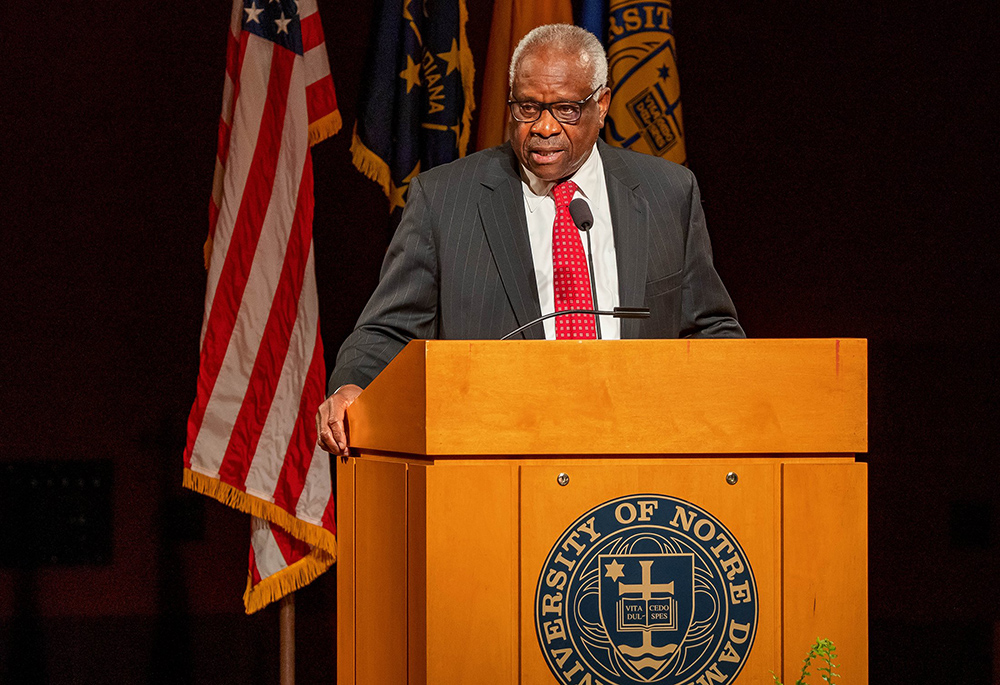 U.S. Supreme Court Justice Clarence Thomas delivers the 2021 Tocqueville Lecture Sept. 16 at the University of Notre Dame in Indiana. "We are all aware of those who assert that America is a racist and irredeemable nation," he said. "But there are many more of us, I think, who feel that America is not so broken as it is adrift at sea." (CNS/Peter Ringenberg, courtesy of University of Notre Dame)