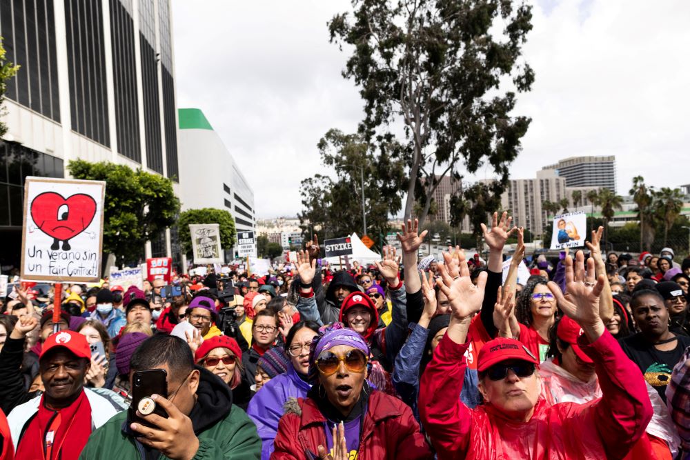 Los Angeles school workers protest in front of Los Angeles Unified School District headquarters during the first day of a walkout over contract negotiations that closed the country's second largest school system March 21, 2023. (OSV News/Reuters/Aude Guerrucci)