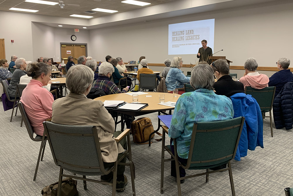Sisters and associates from five religious communities in the Dubuque, Iowa, area attend a two-day workshop on land justice with members of the Land Justice Project. (Nuns & Nones Land Justice Project/Brittany Koteles)
