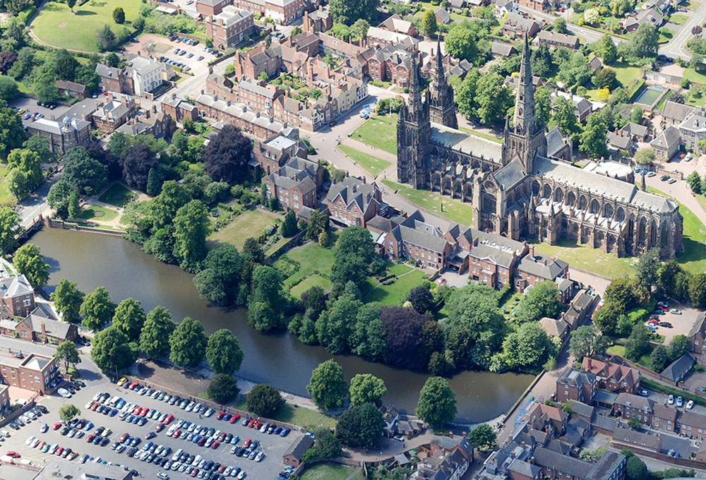 Lichfield Cathedral is seen in an aerial view of Lichfield, Staffordshire, England. It is the cathedral of the Anglican Diocese of Lichfield, which recently announced its divestment from fossil fuels. (Wikimedia Commons/West Midlands Police)