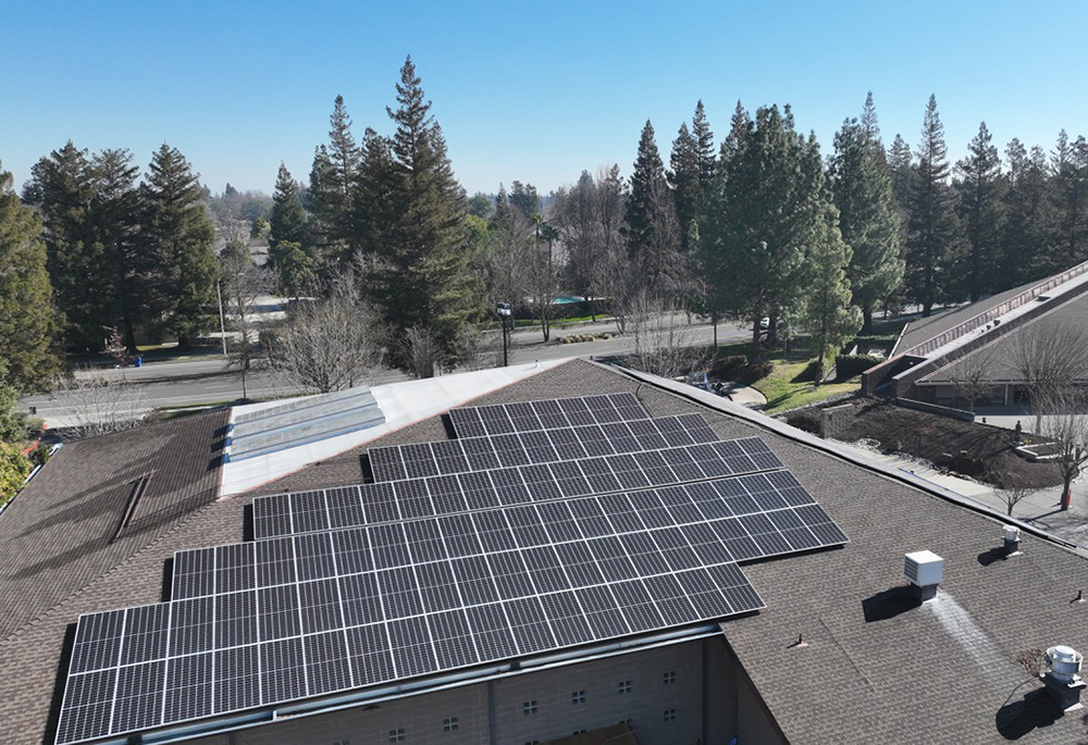 A total of 171 solar panels sit atop the Memorial Center at St. Anthony Parish in Sacramento, California. The array provides electricity to power the entire parish campus. (Courtesy of Kim-Son Ziegler)