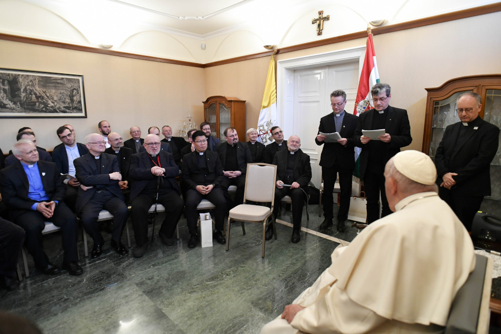 Pope Francis meets with Jesuits in Hungary at the apostolic nunciature in Budapest April 29, 2023. (CNS photo/Vatican Media)