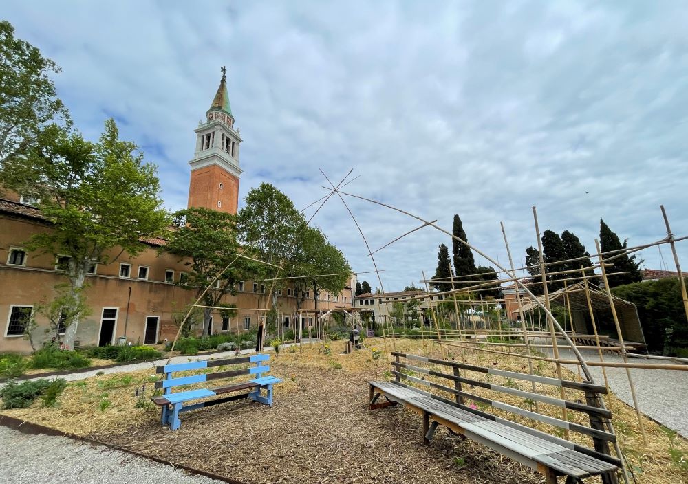 The Holy See's exhibit at the 18th International Architecture Biennale opened May 20 and will run through Nov. 26. Shown is the courtyard of "Social Friendship: Meeting in the Garden" at the Monastery of San Giorgio, on the island of San Giorgio, Venice. (EarthBeat photo/Christopher White)