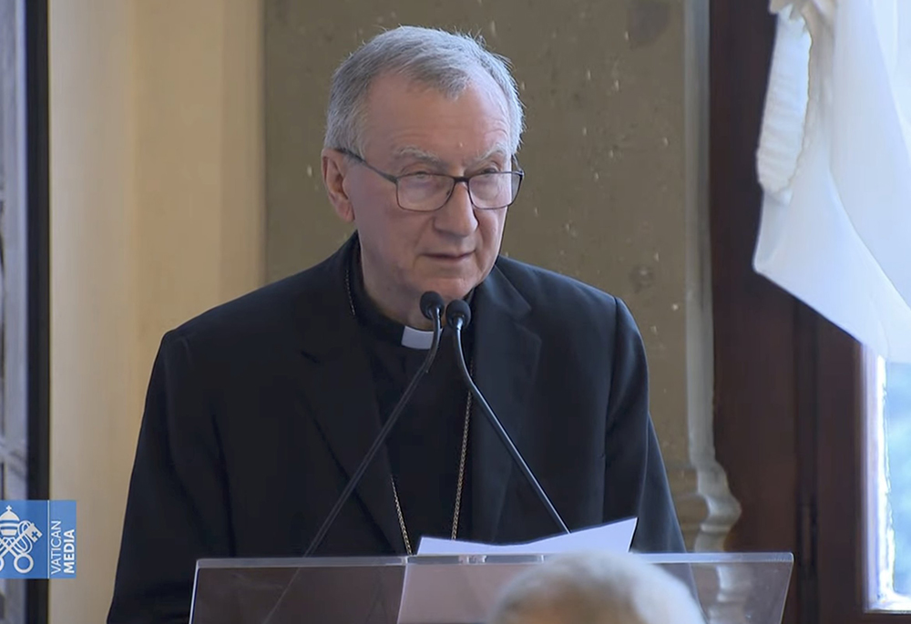 Cardinal Pietro Parolin, Vatican secretary of state, speaks in this screen capture of Vatican video from an event sponsored by the Embassy of Italy to the Holy See, Dec. 13, 2022 in Rome. (CNS photo/Vatican Media)