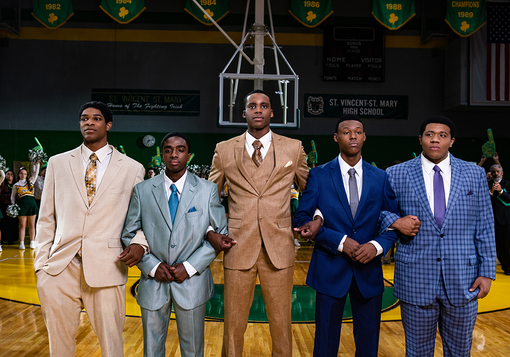 From left: Romeo Travis (Scoot Henderson), Lil Dru Joyce III (Caleb McLaughlin), LeBron James (Marquis "Mookie" Cook), Willie McGee (Avery Serell Wills Jr.) and Sian Cotton (Khalil Everage) in "Shooting Stars," directed by Chris Robinson (Universal Pictures/Oluwaseye Olusa)