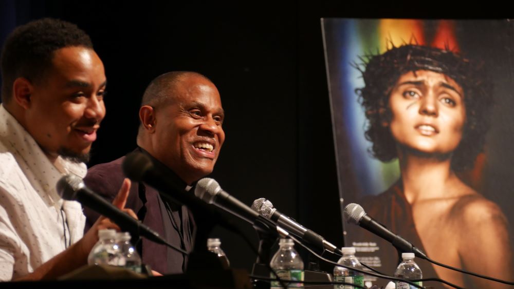 Craig Ford, left, a theologian at St. Norbert College in De Pere, Wisconsin, and Fr. Bryan Massingale, a theologian at Fordham University, spoke on a panel June 17 about being "Black, Catholic and LGBTQ." At right is artwork from the "Wonderfully Made — LGBTQ+R(eligion)" project. (Courtesy of America Media/Cristobal Spielmann)