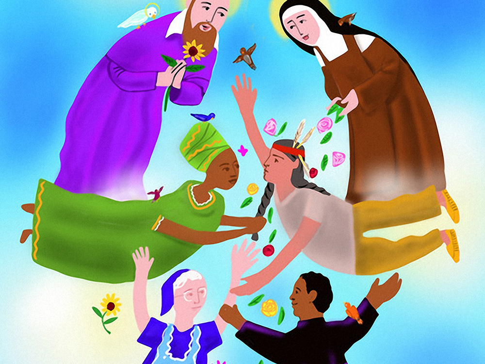 Detail from "Cloud of Witnesses," artwork by Oblate of St. Francis de Sales Br. Mickey McGrath, shows (clockwise top left) St. Francis de Sales, St. Thérèse of Lisieux, Nicholas Black Elk, Fr. Augustus Tolton, Dorothy Day and Franciscan Sister of Perpetual Adoration Thea Bowman. (Courtesy of Mickey McGrath)