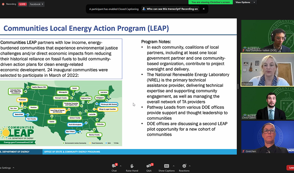 Staff from the Department of Energy's Office of State and Community Energy Programs outline a variety of clean energy tax incentives and grant programs created through the Inflation Reduction Act during a July 18 webinar for religious-based organizations. (NCR screenshot)