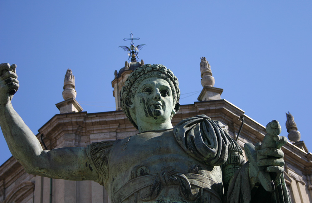 A statue of the emperor Constantine stands outside the Basilica of San Lorenzo Maggiore in Milan, Italy. (Wikimedia Commons/Giovanni Dall'Orto)