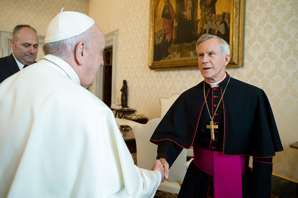 Pope Francis greets Bishop Joseph Strickland of Tyler, Texas, during a meeting with U.S. bishops from Arkansas, Oklahoma and Texas during their "ad limina" visits to the Vatican Jan. 20, 2020. (CNS/Vatican Media)