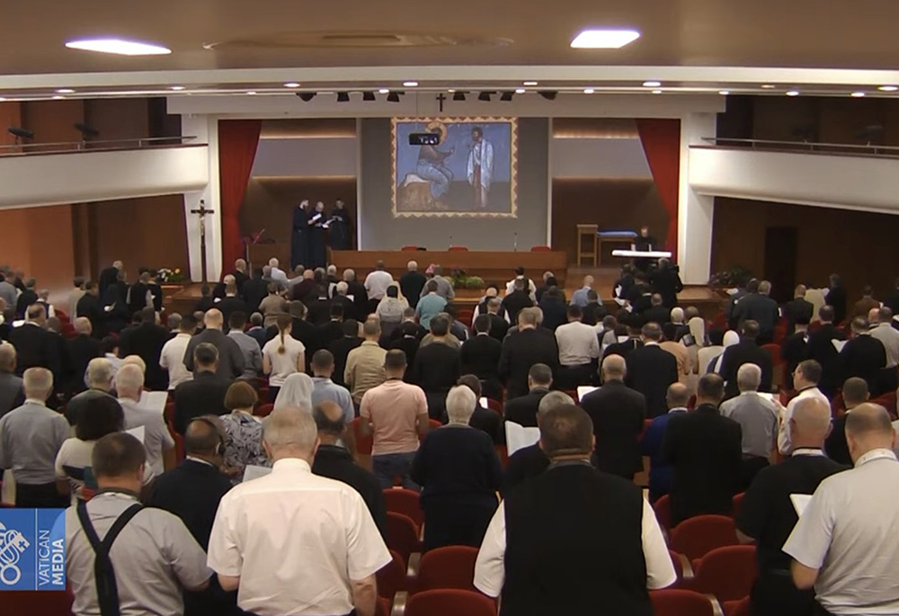 Members of the assembly of the Synod of Bishops recite morning prayer during their retreat outside of Rome in this screen grab from Oct. 2. (CNS/Vatican Media via YouTube)