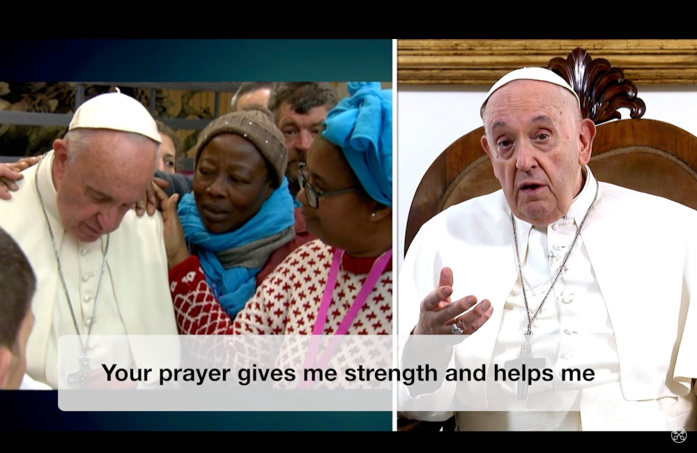 Pope Francis bows his head as Black women place his hands on his shoulders in a photo on the left. On the right, he speaks from a chair. Below the photos, it says, "your prayer gives me strength and helps me."