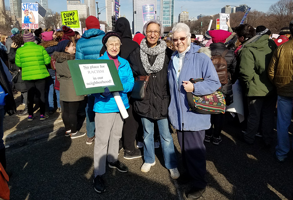 Pictured with Benedictine Sr. Patricia Crowley (right) at a demonstration are Benedictine Srs. Benita Coffey (left) and Patricia Cielinski. (Courtesy of Benedictine Sisters of Chicago)