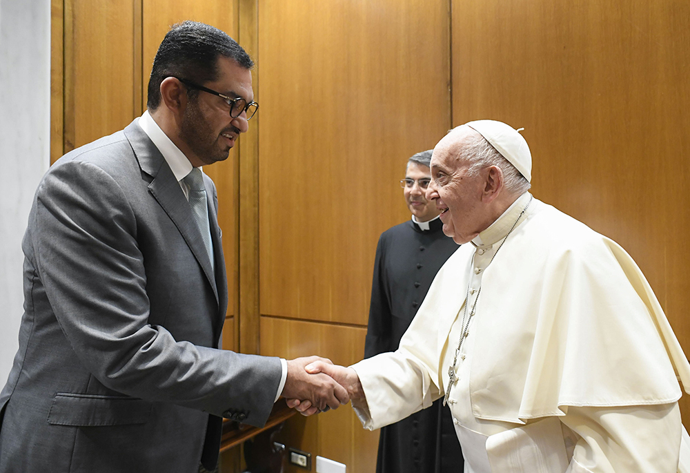 Pope Francis welcomes Sultan al-Jaber, the president-designate of the 2023 United Nations Climate Change Conference, known as COP28, to the Vatican Oct. 11. (CNS/Vatican Media)