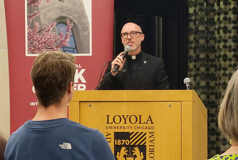 Jesuit Fr. Paddy Gilger speaks Nov. 9 on "The Subject of Public Religion," a talk sponsored by the Hank Center for the Catholic Intellectual Heritage at Loyola University Chicago. (NCR photo/Heidi Schlumpf)