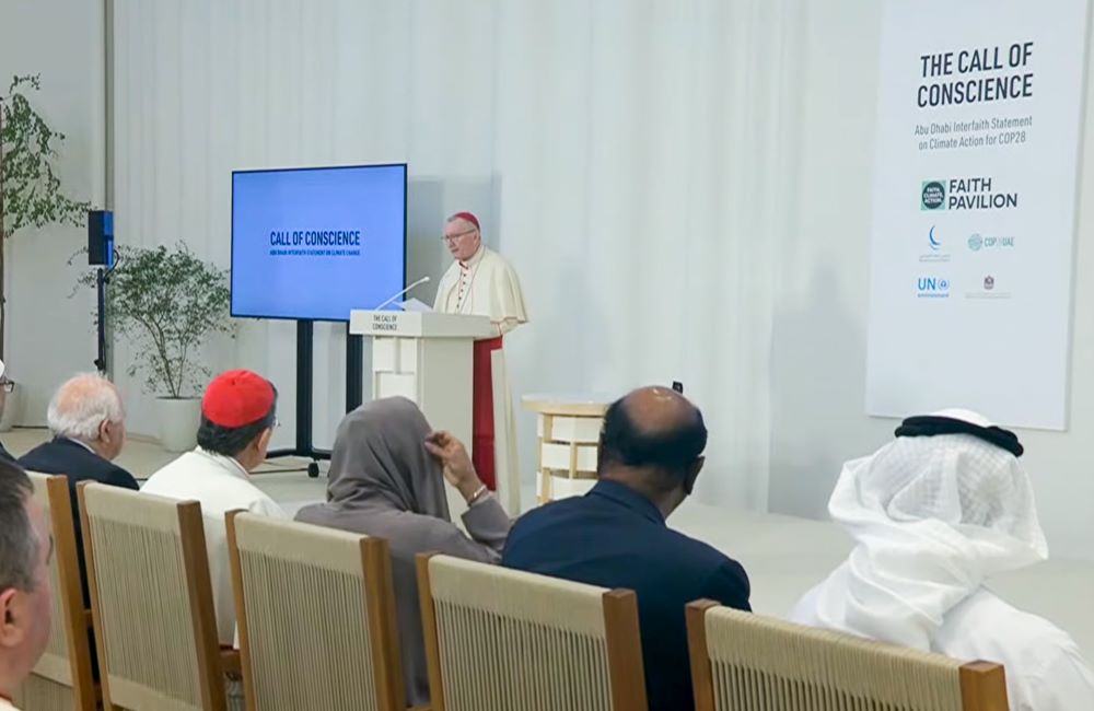 Cardinal Pietro Parolin, Vatican secretary of state, is seen in this screen grab reading Pope Francis' speech for the inauguration of the Faith Pavilion at COP28, the U.N. Climate Change Conference, in Dubai, United Arab Emirates, Dec. 3.