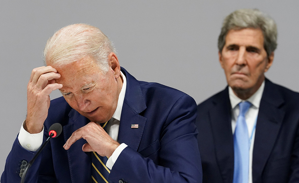 President Joe Biden and John Kerry, U.S. special presidential envoy for climate, attend an event on action and solidarity Nov. 1, 2021, at the U.N. Climate Change Conference in Glasgow, Scotland. (CNS/Kevin Lamarque, Pool via Reuters)