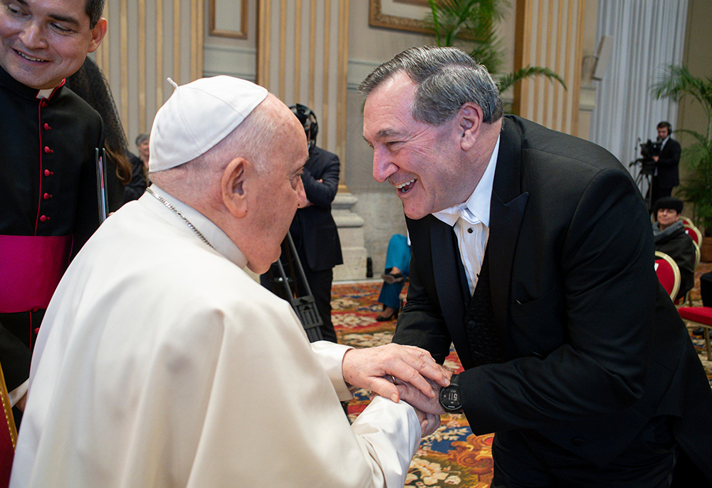 Pope Francis greets Joe Donnelly, U.S. ambassador to the Holy See, after his annual address to the diplomatic corps Jan. 8 in the Hall of Blessings at the Vatican. (CNS/Vatican Media)