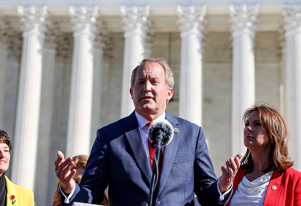 Texas Attorney General Ken Paxton speaks to pro-life supporters outside the U.S. Supreme Court Washington Nov. 1, 2021, following arguments over a challenge to a Texas law that bans abortion after six weeks. (CNS/Reuters/Evelyn Hockstein)