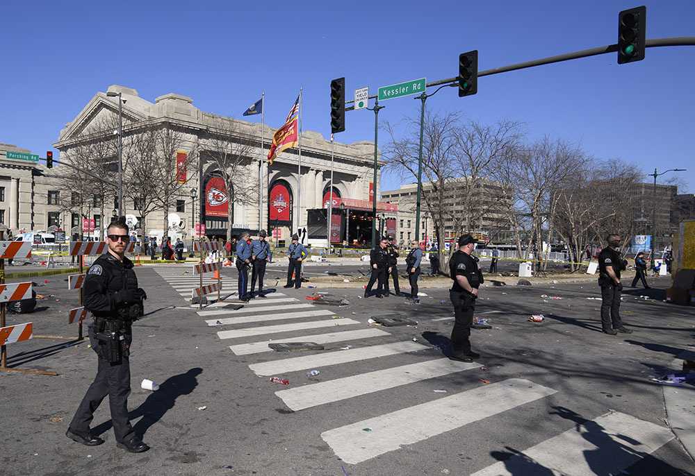 Police cordon off the area around Union Station following a shooting at the Kansas City Chiefs NFL football Super Bowl celebration in Kansas City, Missouri, Feb. 14. (AP/Reed Hoffmann)