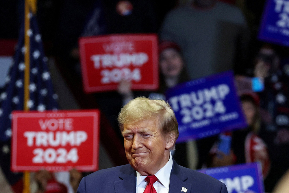 Republican presidential candidate and former U.S. President Donald Trump speaks during a campaign rally at Winthrop Coliseum in Rock Hill ahead of the South Carolina Republican presidential primary Feb. 23. (OSV News/Reuters/Shannon Stapleton)
