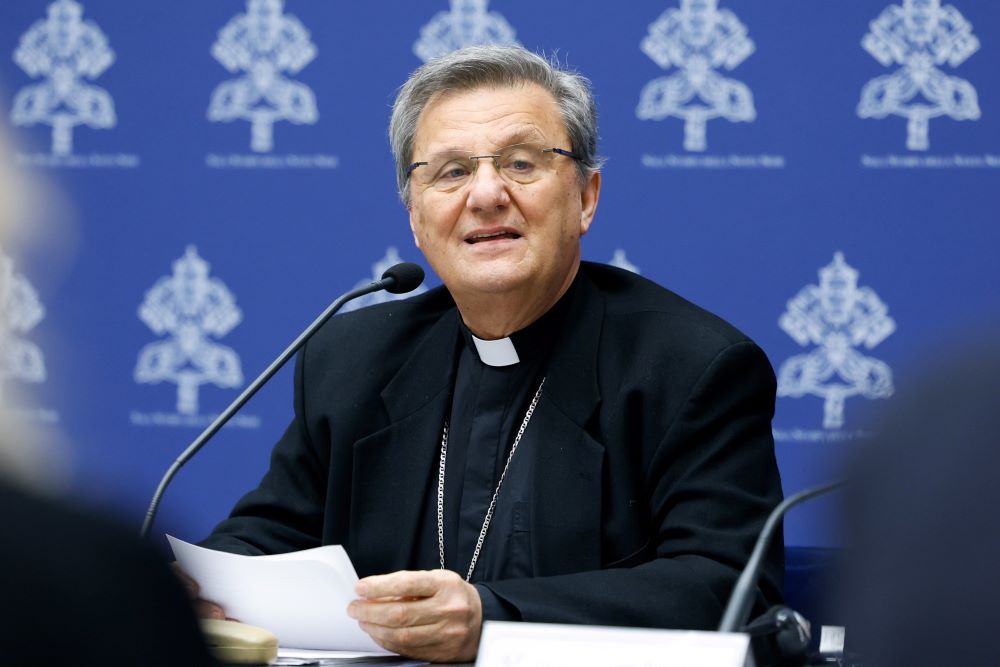 Cardinal Mario Grech, secretary-general of the Synod of Bishops, speaks at a news conference at the Vatican March 14 about study groups authorized by Pope Francis to examine issues raised at the synod on synodality. (CNS/Lola Gomez)