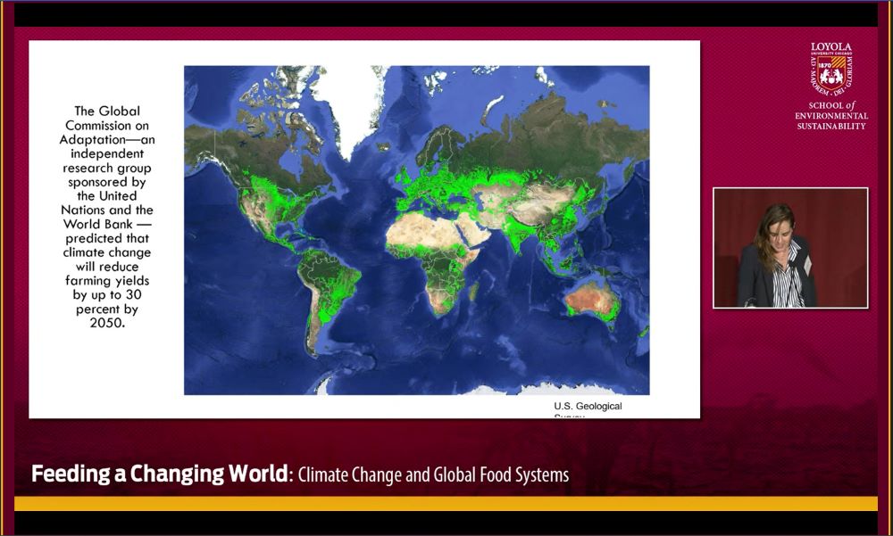 Screenshot shows World Food Programme map, with speaker Amanda Little talking in panel next to it.