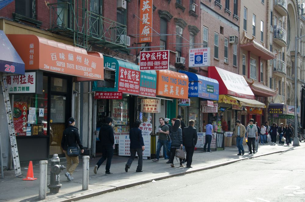 City street lined with Chinese businesses