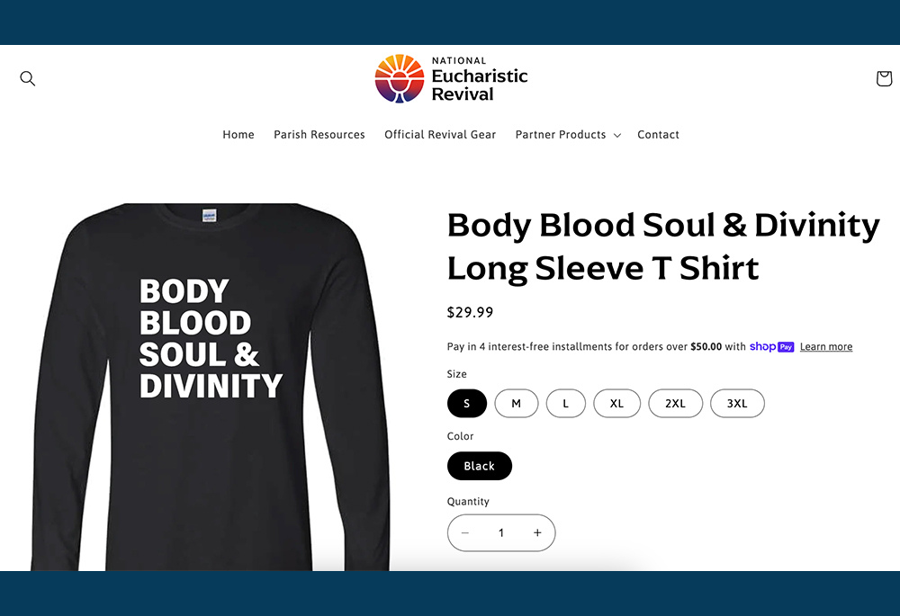 A screengrab displays the "Body, Blood, Soul & Divinity" T-shirt available for purchase via the store of the National Eucharistic Revival website. (NCR screengrab/store.eucharisticrevival.org)