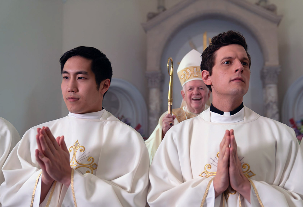 Actors Young Mazino, left, and Joshua Wills, right, portray Catholic seminarians in "Trinity's Triumph." (RNS/Courtesy image)