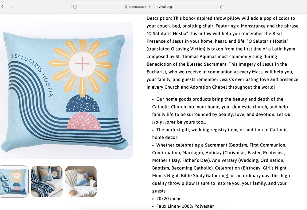 Screengrab featuring the "Adoration Throw Pillow" (NCR screengrab/store.eucharisticrevival.org)