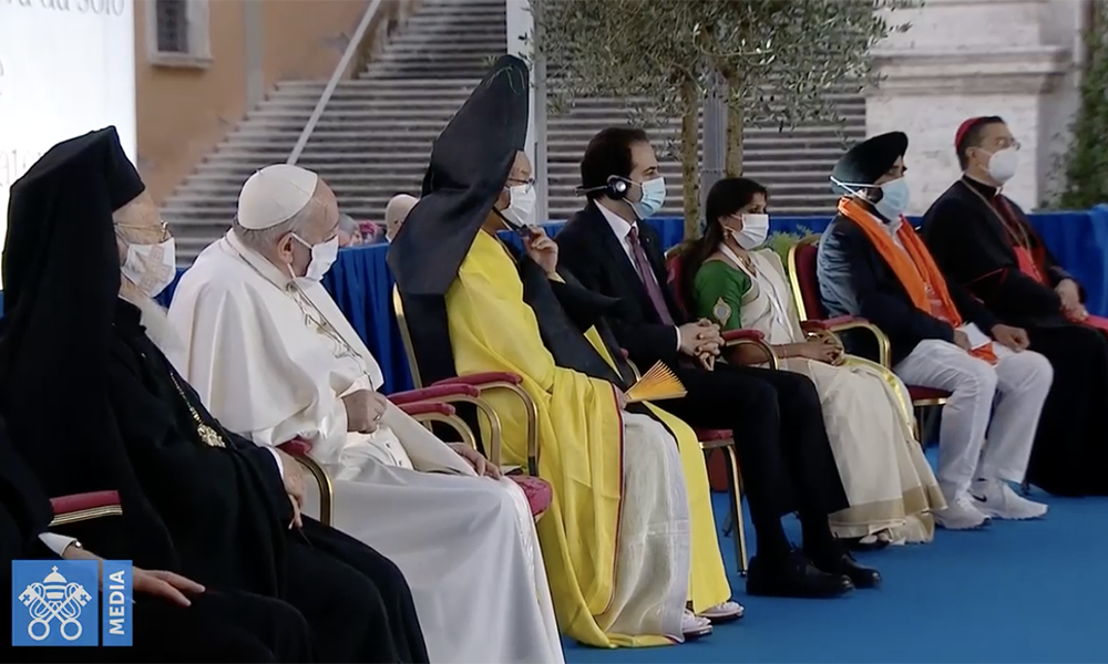 Pope Francis seated next to other religious leaders Oct. 20 in Rome. (NCR screenshot/Vatican Media)