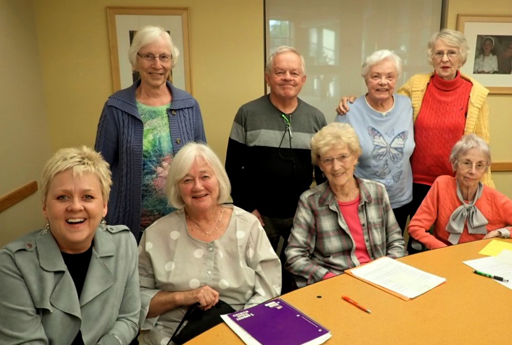 Some current Peacemakers are seen at their May monthly meeting. Front row, from left: Julie Madden, Joan Allen, Marie Braun and Barbara Cracraft. Back row, from left: Audrey Kvist, Bill Adamski, Jeanne Lange and Mary Jane McConnell. (Provided photo)
