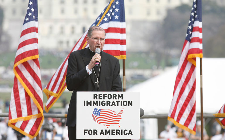 Los Angeles Cardinal Roger M. Mahony speaks during an immigration rally on the National Mall in Washington March 21, 2010. (CNS/Nancy Wiechec)