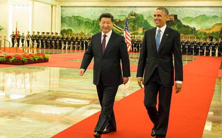 Chinese President Xi Jinping, left, holds a welcoming ceremony for U.S. President Barack Obama at the Great Hall of the People in Beijing Nov. 12, 2014. (Newscom/Xinhua News Agency/Li Xueren)