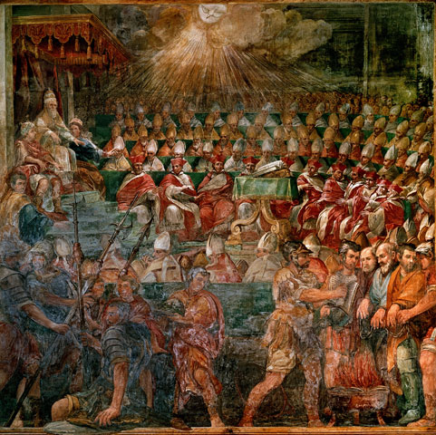 A 17th-century fresco by Galeazzo Leoncino in San Martino ai Monti Basilica in Rome depicts a preparation meeting for the Council of Nicaea held in the church in 324. (Newscom/Album /Oronoz)