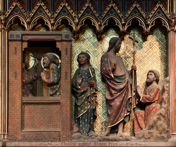 The risen Christ appears to Peter and John, seen on the choir wall of Notre Dame Cathedral in Paris. (Newscom/GTW Image Broker)
