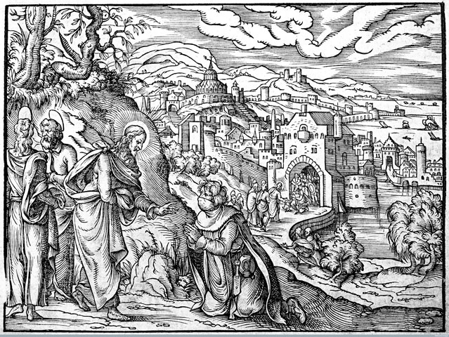 A 16th-century woodcut depicts Christ healing a leper. (Wellcome Library, London)