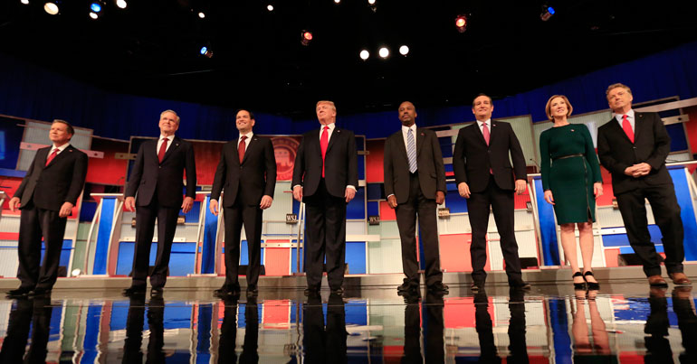 Republican presidential candidates pose for photos before a debate held by FOX Business Network in Milwaukee Nov. 10. (Newscom/Reuters/Darren Hauck)