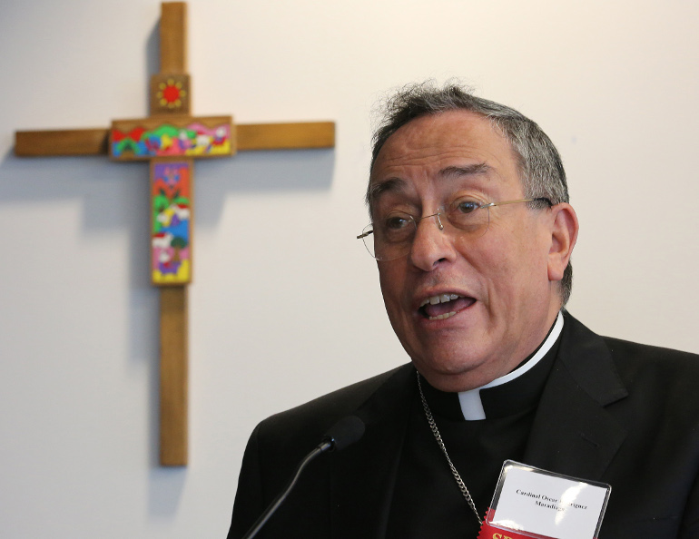 Honduran Cardinal Oscar Rodriguez Maradiaga, president of Caritas Internationalis, gives his keynote address during a conference in Washington June 3. (CNS/Bob Roller) 